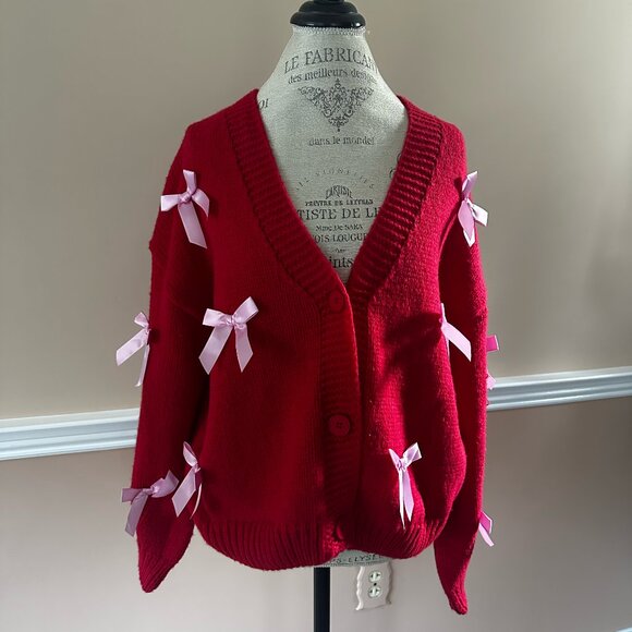 Luna Ivy Sweaters - NWT Medium Red and Pink Luna Ivy Bow Button-Up Cardigan